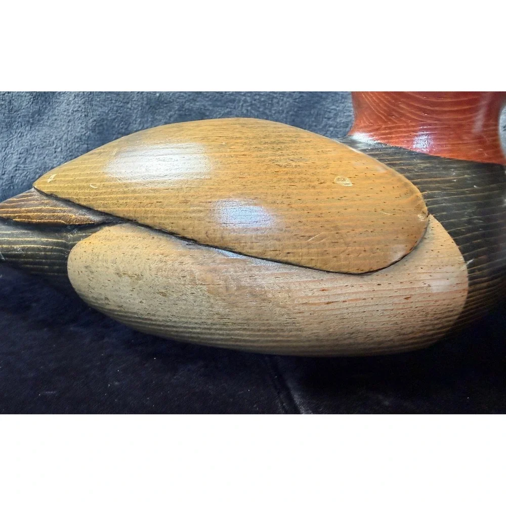 John Bass Signed Hand Carved Wooden Redhead Duck Decoy Figurine 12.5 Inch